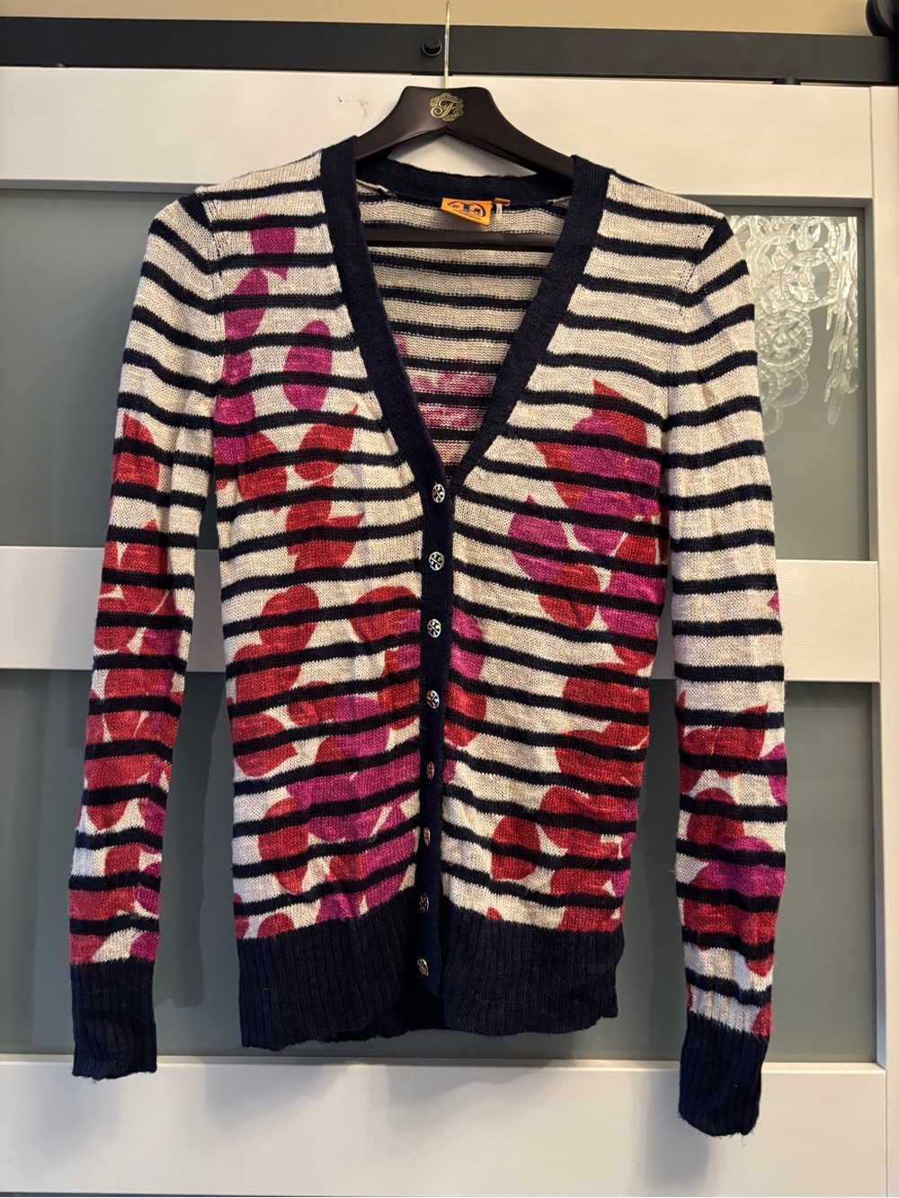 Tory Burch Floral Stripe Cardigan XS Linen Blend Gold Logo Buttons